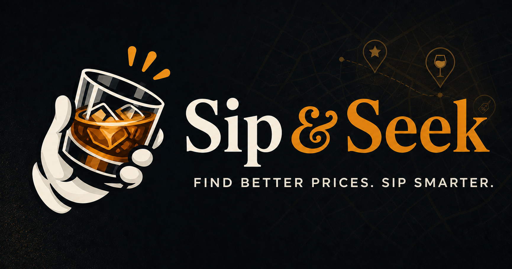 The Sip & Seek hand and amber glass symbol on a premium midnight charcoal background